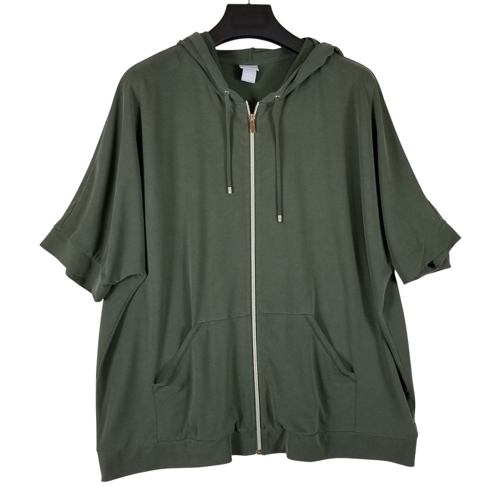Chico's Zenergy Hoodie Women 4 20W Olive Green Short Sleeve Zip Up Modal Blend